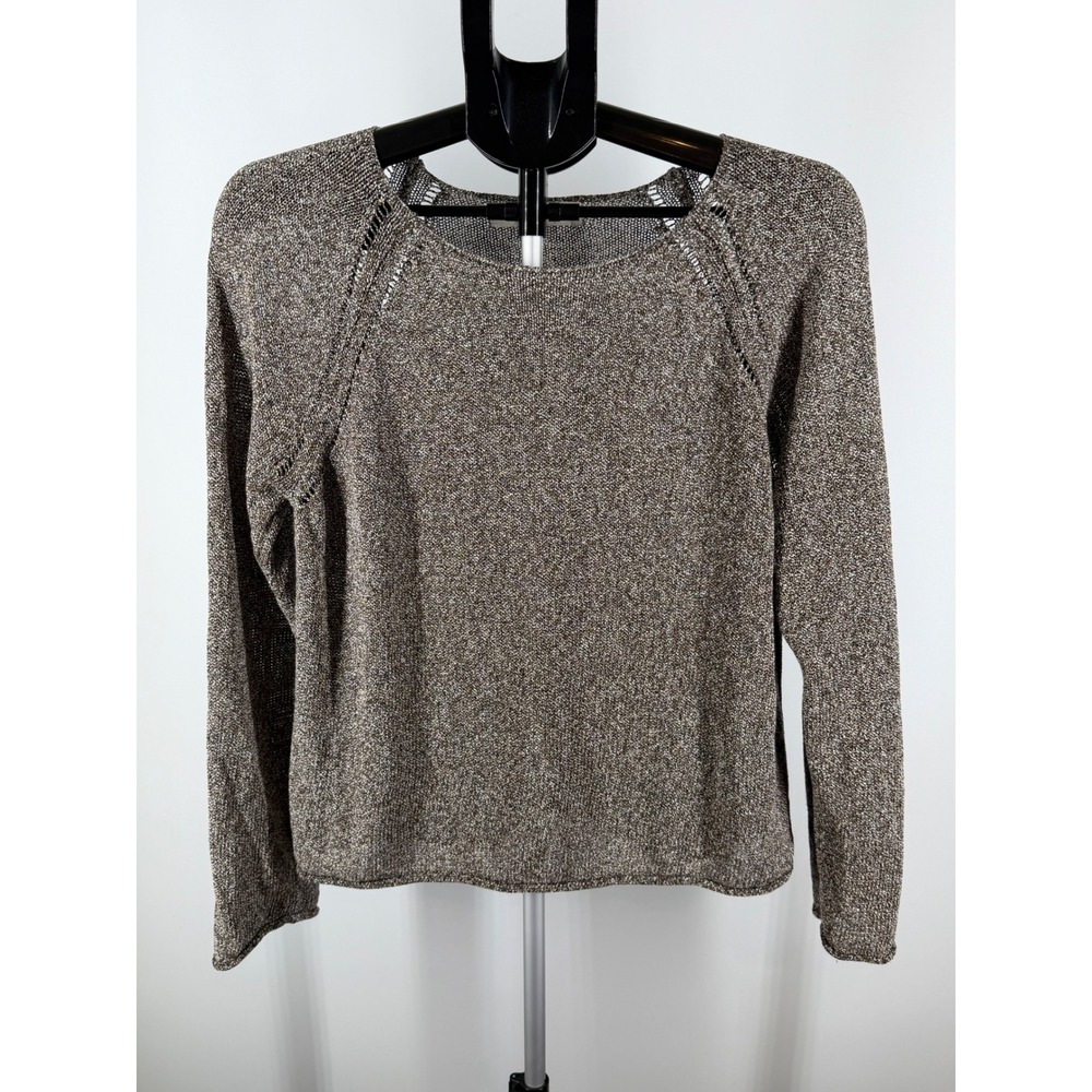 Loft‎ Womens Marled Brown White Raglan Sleeve Pointelle Knit Sweater Size M